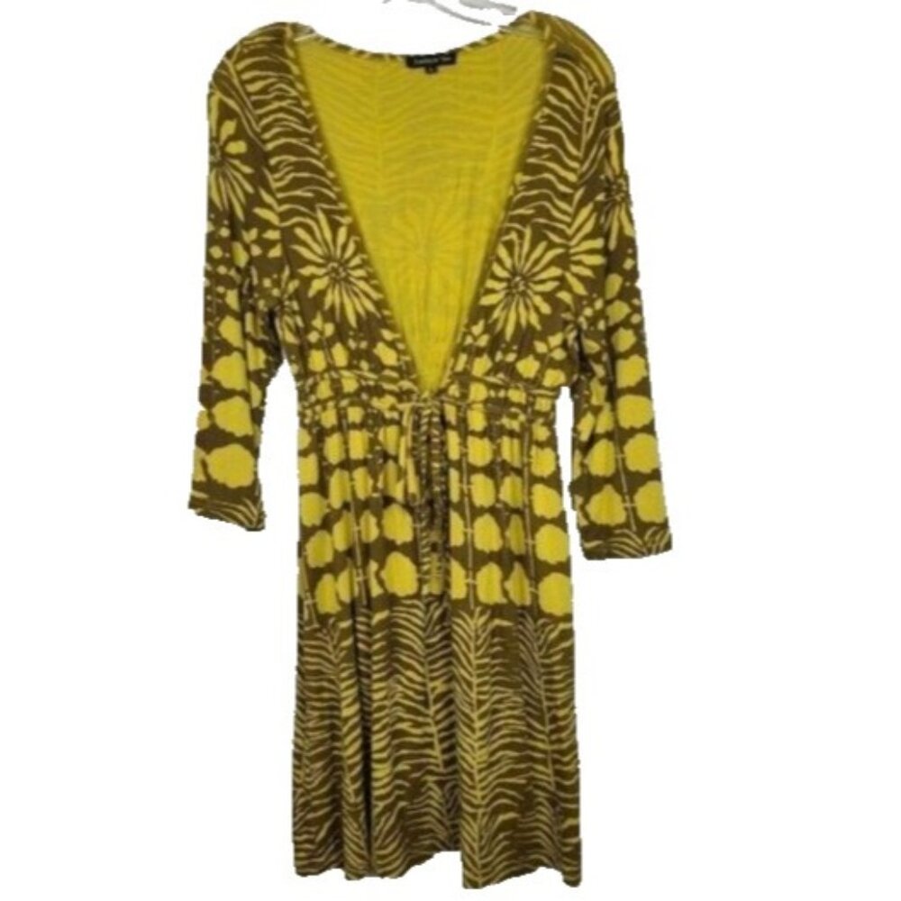 VTG Fumblin Foe Womens Deep V-Neck Dress Large Yellow Floral‎ Tie Waist BOHO Y2K
